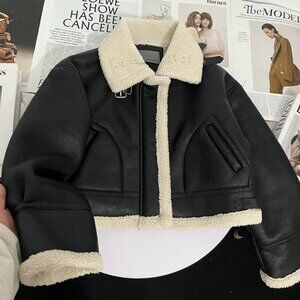 Black Faux Leather Sherpa Lined Aviator Jacket
